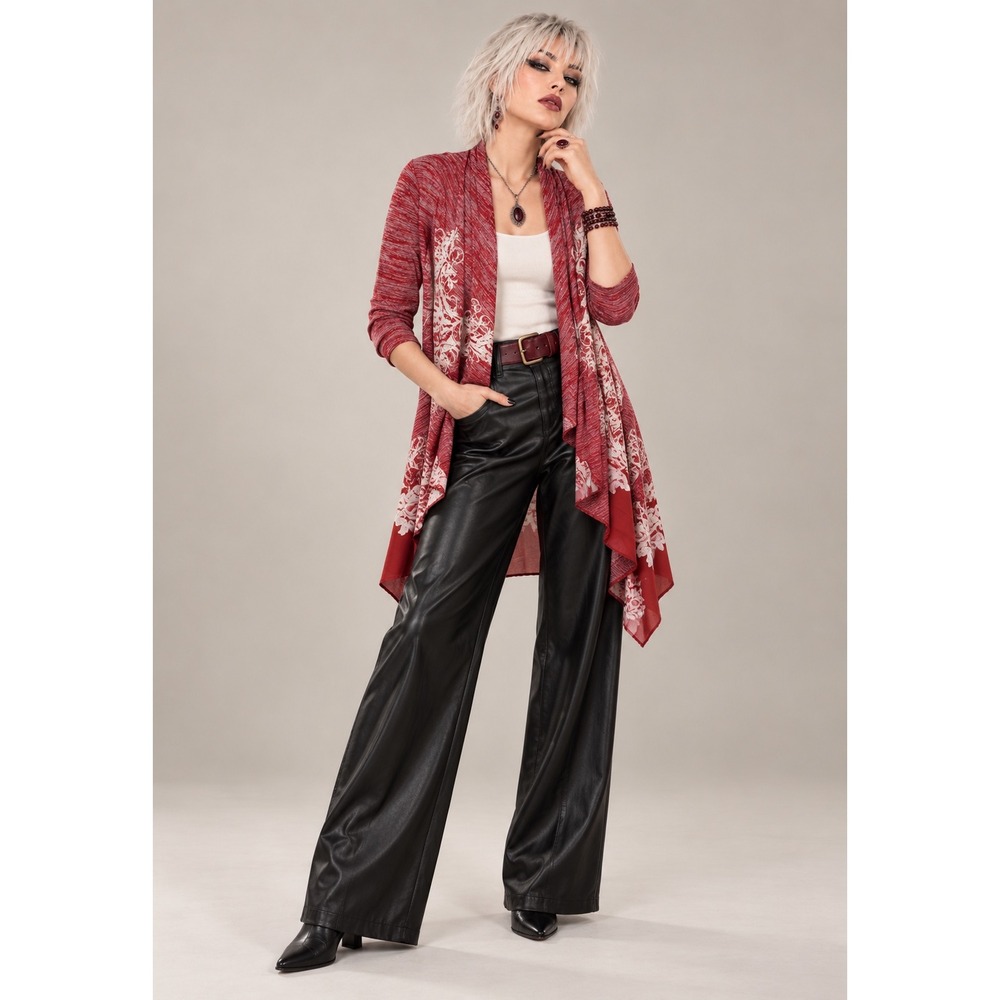Vocal Womens Red Space Dye Studded Floral Sheer Back Open Cardigan Large